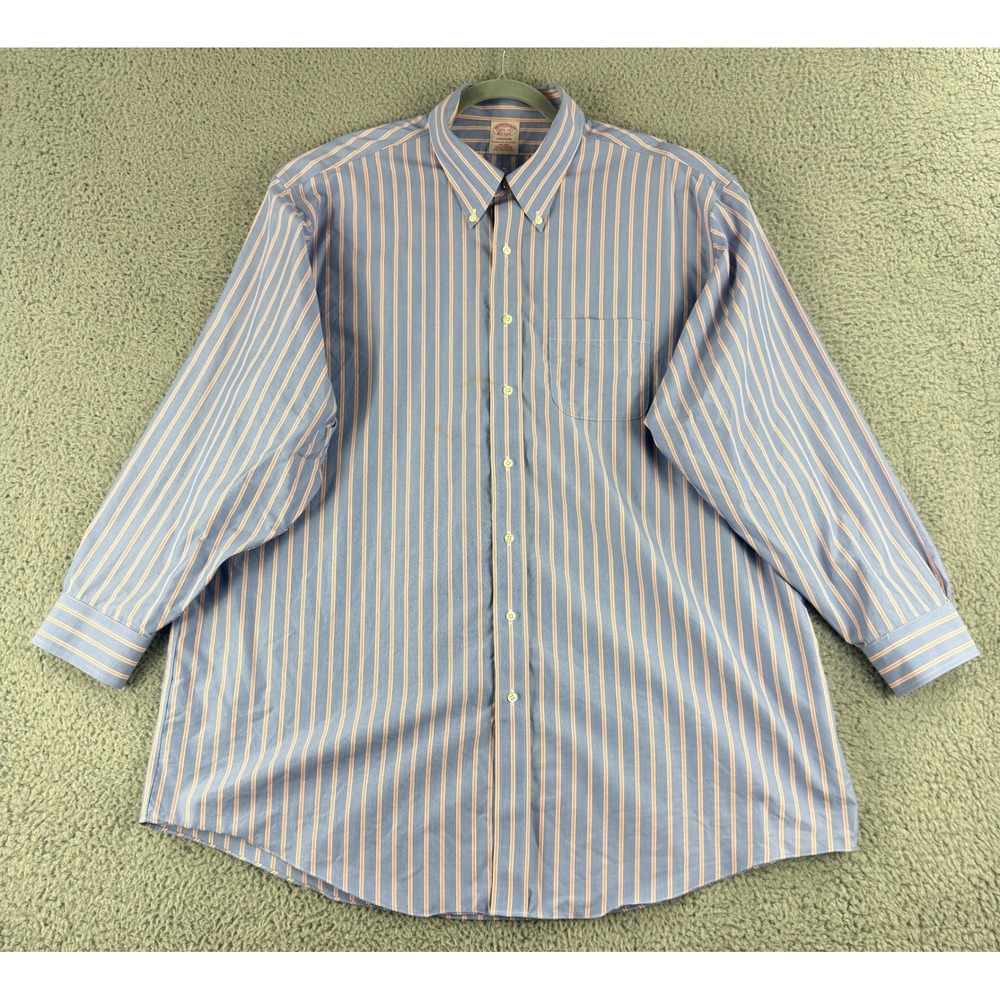 Brooks Brothers Madison Dress Shirt Mens 18.5 34 Blue Orange Stripe Non Iron